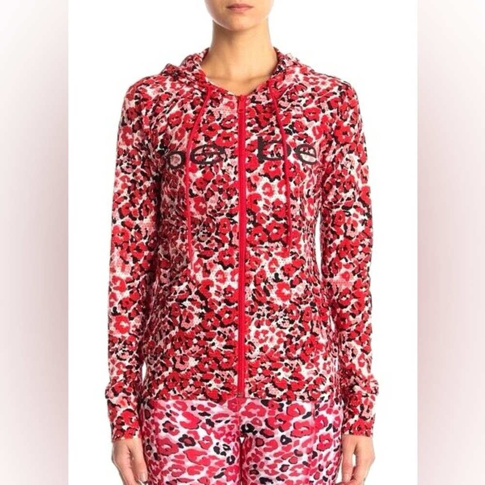 Bebe Sport Red Laser Cut Pinhole Mesh Animal Print Full Zip Hoodie